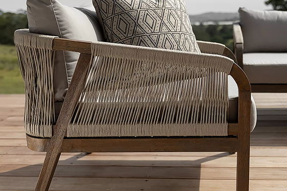 Sofá de tela de cuerda Conjunto de patio AJUNION Marco de madera de teca Muebles exteriores para jardines de playa