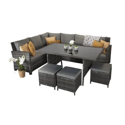 Ocio al aire libre AJUNION 9 asientos PE Rattan muebles de jardín comedor conjunto con cojines