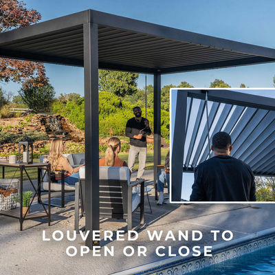 Jardín al aire libre Pergola de metal bioclimático L20xW10ft con sistema de techo impermeable