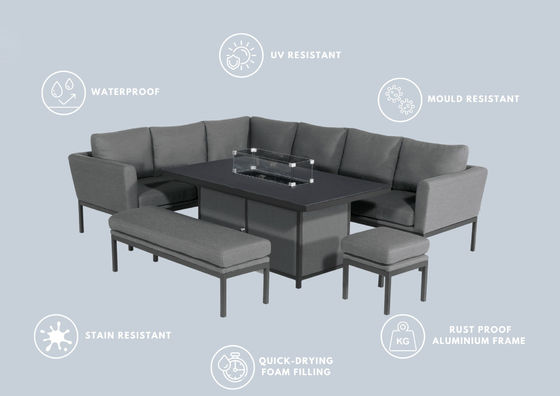 Embalaje de correos Y AJUNIÓN Tejidos de lujo para exteriores Muebles de patio Set comedor con mesa de fuego