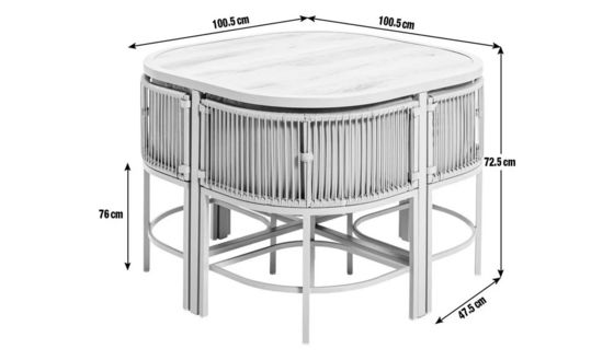 Maximice su espacio al aire libre con este conjunto de comedor de tejido de ratán y acero que ahorra espacio
