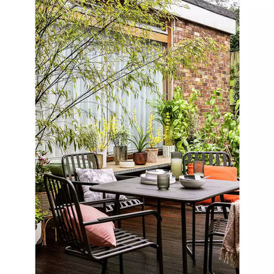 Muebles de jardín de exterior de acero metálico de 4 asientos con mesa cuadrada y sillas de comedor