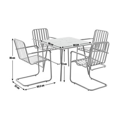Muebles de jardín de exterior de acero metálico de 4 asientos con mesa cuadrada y sillas de comedor