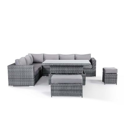 Conjunto de jardín de ratán moderno con sofá de comedor seccional y mesa ascendente Muebles exteriores