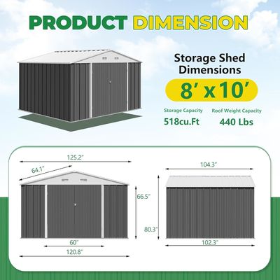 Herramientas de almacenamiento al aire libre Gran tamaño 8x10FT Casa de metal con 66,5 "de altura puertas de acero