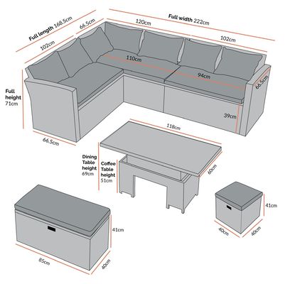 Sofá de comedor de esquina rectangular con mesa elevadora AJUNION Muebles de jardín de ratán