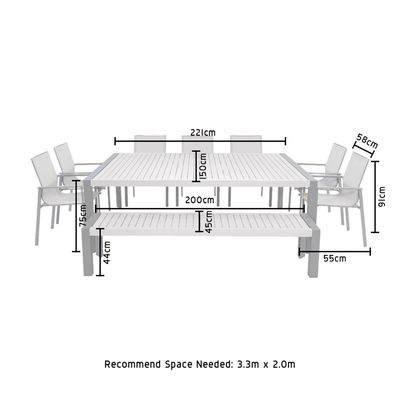 Conjunto de comedor al aire libre con banco AJUNION 9 piezas de marco de aluminio y mobiliario de patio de metal