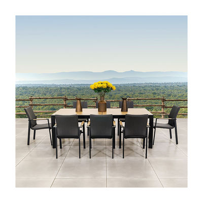 Y Envasado de correo 8 plazas Set de comedor al aire libre con muebles metálicos y mesa de madera de teca