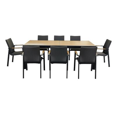 Y Envasado de correo 8 plazas Set de comedor al aire libre con muebles metálicos y mesa de madera de teca