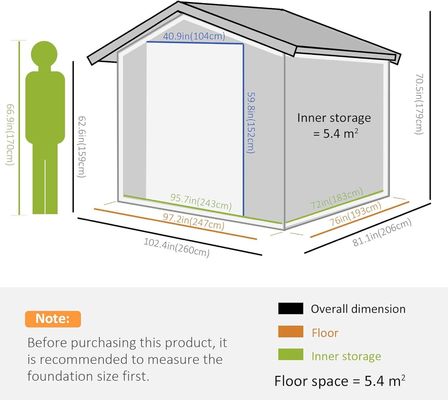 2.06D x 2.58W x 1.78H metros Puerta doble corredera edificio de jardín de metal cobertizo con 4 respiraderos