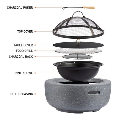 Blanco 3 en 1 redondo chimenea de leña carbón de horno de barbacoa mesa de parrillado chimenea de piedra artificial con logotipo personalizado