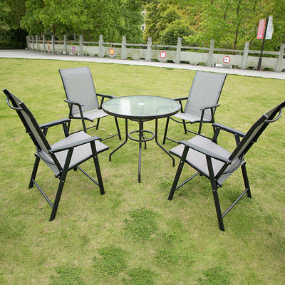 Cuadro de aluminio para jardín al aire libre con mesa de comedor de vidrio redondo y sillas Teslin