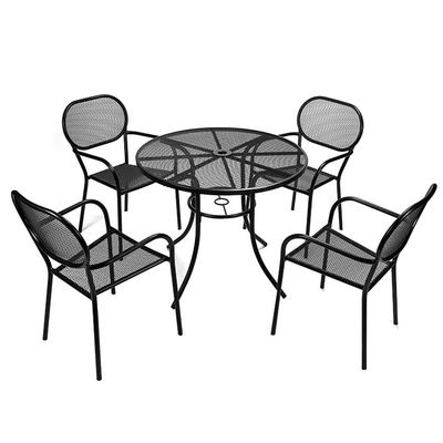 Bistro al aire libre Cafetería Jardín Patio Metal Mesas redondas de hierro y sillas con agujero para sombrillas en diseño moderno