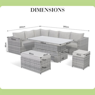 Sofá de esquina de diseño moderno con tabla ajustable L.265 X W.204 X H.66cm