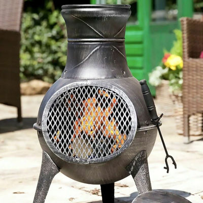 Metal patio exterior patio trasero jardín acampada acero pesado chimenea de leña carbón chimenea chimenea chimenea chimenea con gorra de lluvia