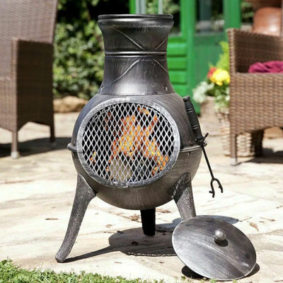 Metal patio exterior patio trasero jardín acampada acero pesado chimenea de leña carbón chimenea chimenea chimenea chimenea con gorra de lluvia