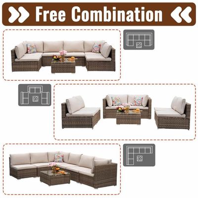 Mejorar su patio con AJUNION 7 piezas de muebles en almohadones marrones y PE Rattan