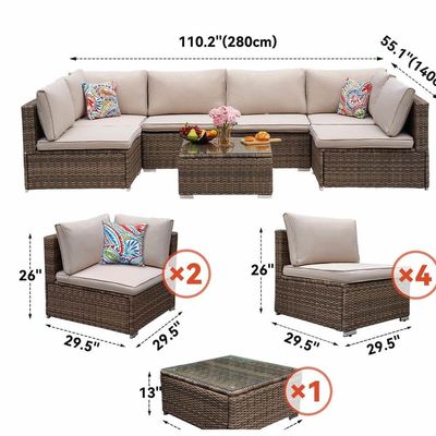 Mejorar su patio con AJUNION 7 piezas de muebles en almohadones marrones y PE Rattan