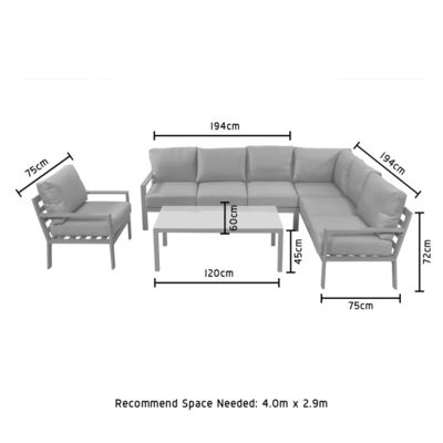Cuadro de aluminio Sofá de jardín moderno en forma de L Conjunto con mesa de café Tamaño L 120 x W60 x H45cm