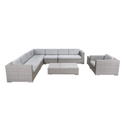 Sofá de jardín de tamaño grande en forma de L PE Sofá de exterior de vítrea de 8 piezas Rattan Set de muebles de exterior