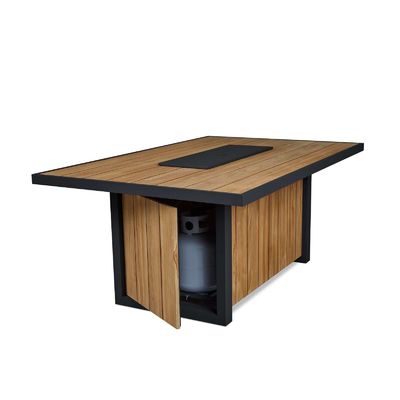 Mesa de comedor exterior de fuego de gas propano Mesa de fuego de hoyo con marco de aluminio de madera de teca