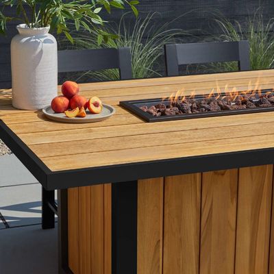 Mesa de comedor exterior de fuego de gas propano Mesa de fuego de hoyo con marco de aluminio de madera de teca