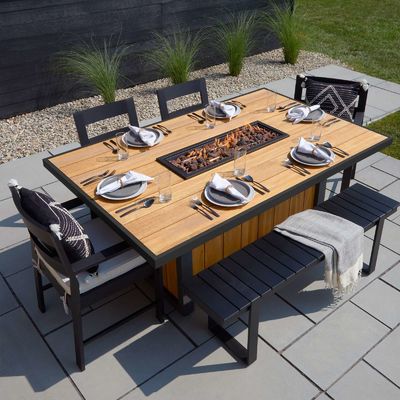 Mesa de comedor exterior de fuego de gas propano Mesa de fuego de hoyo con marco de aluminio de madera de teca