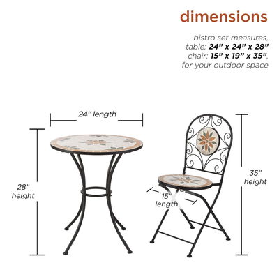 AJUNION 3 piezas de mosaico de hierro de azulejos Patio Bistro Set con mesa de cerámica y sillas plegables
