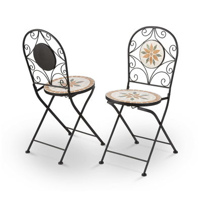 AJUNION 3 piezas de mosaico de hierro de azulejos Patio Bistro Set con mesa de cerámica y sillas plegables