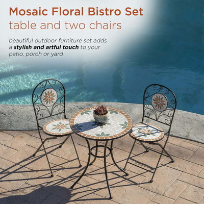 AJUNION 3 piezas de mosaico de hierro de azulejos Patio Bistro Set con mesa de cerámica y sillas plegables