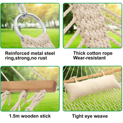 Acogedora cama de hamaca portátil plegable con malla de cuerda de algodón para acampar en jardines interiores al aire libre
