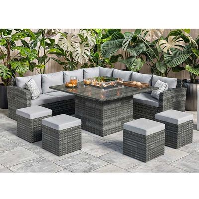 Mesa de comedor de pozo de fuego tamaño L130xW130xH60cm 11 asientos Sofá de esquina Conjunto de muebles de patio