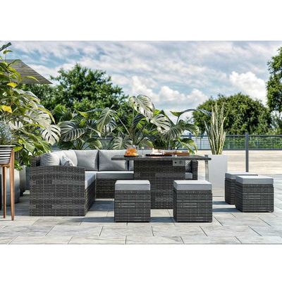 Mesa de comedor de pozo de fuego tamaño L130xW130xH60cm 11 asientos Sofá de esquina Conjunto de muebles de patio