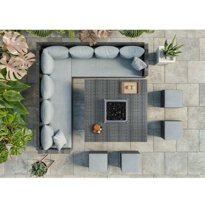 Mesa de comedor de pozo de fuego tamaño L130xW130xH60cm 11 asientos Sofá de esquina Conjunto de muebles de patio
