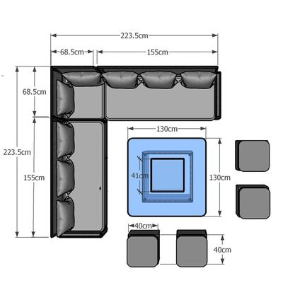 Mesa de comedor de pozo de fuego tamaño L130xW130xH60cm 11 asientos Sofá de esquina Conjunto de muebles de patio