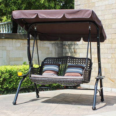 Cuadro de metal para patio de jardín al aire libre Pe Rattan doble 3 asientos hamaca columpiante con dosel