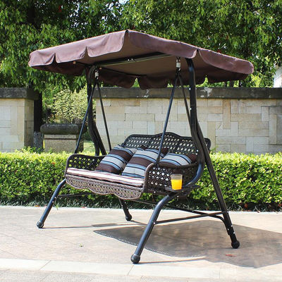 Cuadro de metal para patio de jardín al aire libre Pe Rattan doble 3 asientos hamaca columpiante con dosel