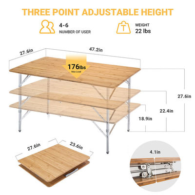 Mesa de mesa de 120*70cm Patio Jardín Bambú Aluminio Plegable Mesa para picnic Camping Comida