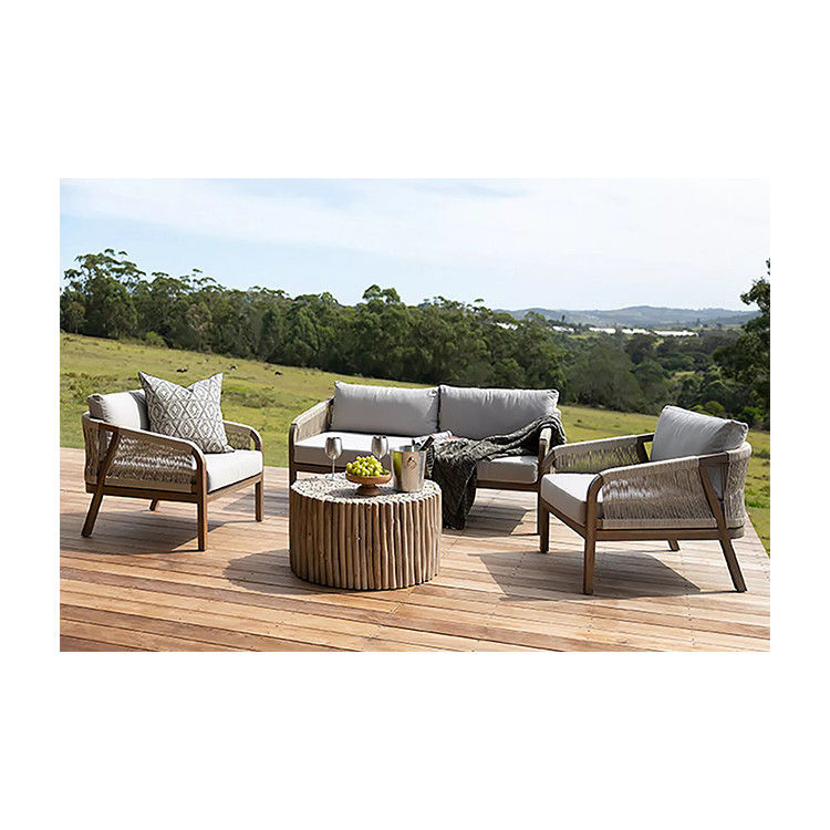 Sofá de tela de cuerda Conjunto de patio AJUNION Marco de madera de teca Muebles exteriores para jardines de playa