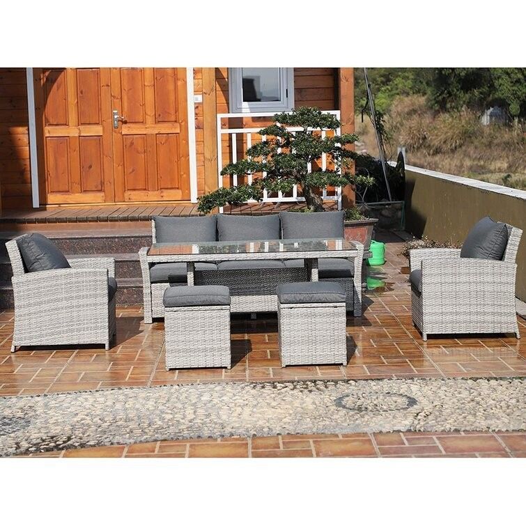 Muebles de jardín de mimbre tejidos a mano con vidrio templado