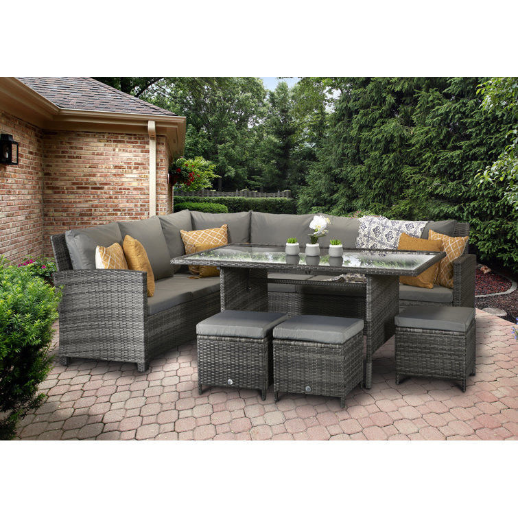 Ocio al aire libre AJUNION 9 asientos PE Rattan muebles de jardín comedor conjunto con cojines