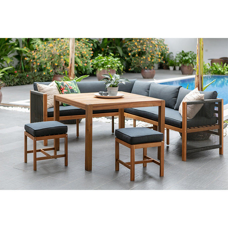 Set de comedor al aire libre con sofá de esquina de madera maciza y banco de 3 asientos para comidas relajantes