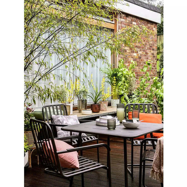 Muebles de jardín de exterior de acero metálico de 4 asientos con mesa cuadrada y sillas de comedor