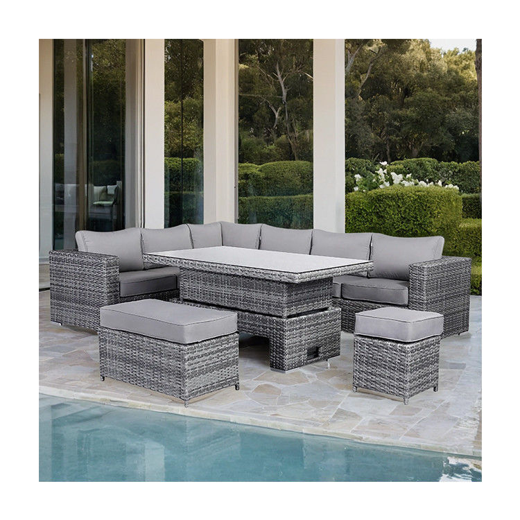 Conjunto de jardín de ratán moderno con sofá de comedor seccional y mesa ascendente Muebles exteriores