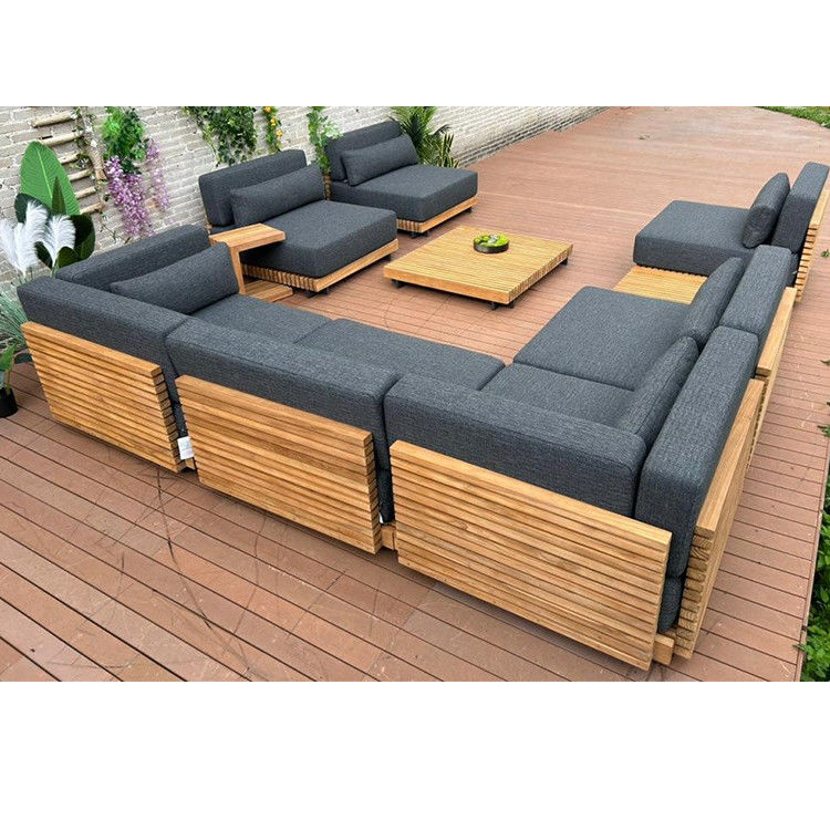 7 asientos de lujo de madera de teca Sofá de patio al aire libre Conjunto de sofá sin brazos Tamaño W99 x D104 x H56cm