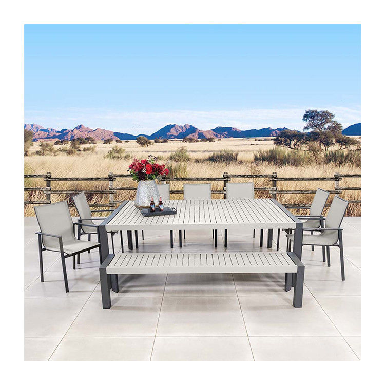 Conjunto de comedor al aire libre con banco AJUNION 9 piezas de marco de aluminio y mobiliario de patio de metal