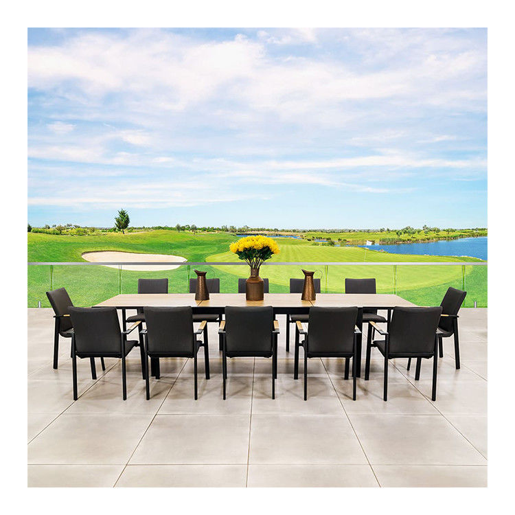 Comedor al aire libre de madera de teca extensible Conjunto de comedor al aire libre para 12 asientos sillas al aire libre acolchadas