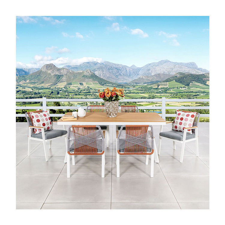 Muebles de comedor de jardín de metal con silla de comedor de tejido de cuerda con 6 asientos