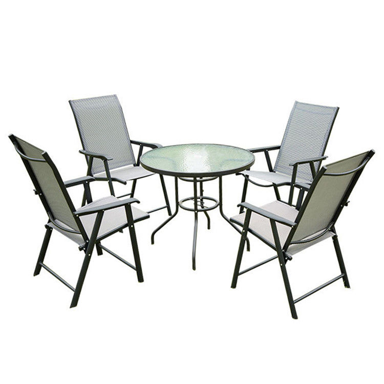 Cuadro de aluminio para jardín al aire libre con mesa de comedor de vidrio redondo y sillas Teslin