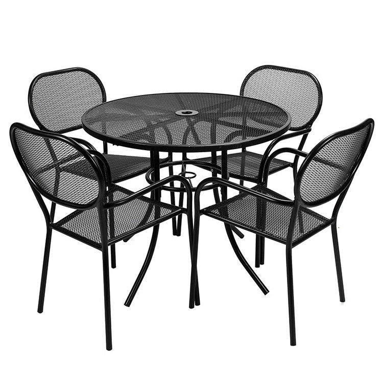 Bistro al aire libre Cafetería Jardín Patio Metal Mesas redondas de hierro y sillas con agujero para sombrillas en diseño moderno